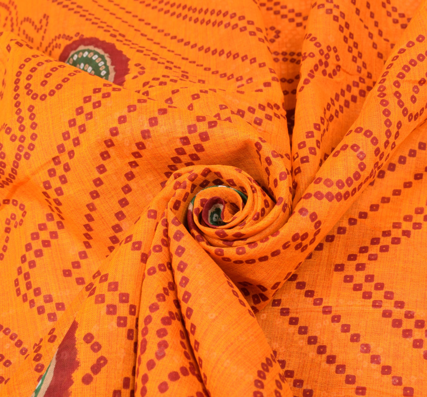 Sushila Vintage Orange Red Saree Pure Cotton Printed Bandhani Sari Craft Fabric