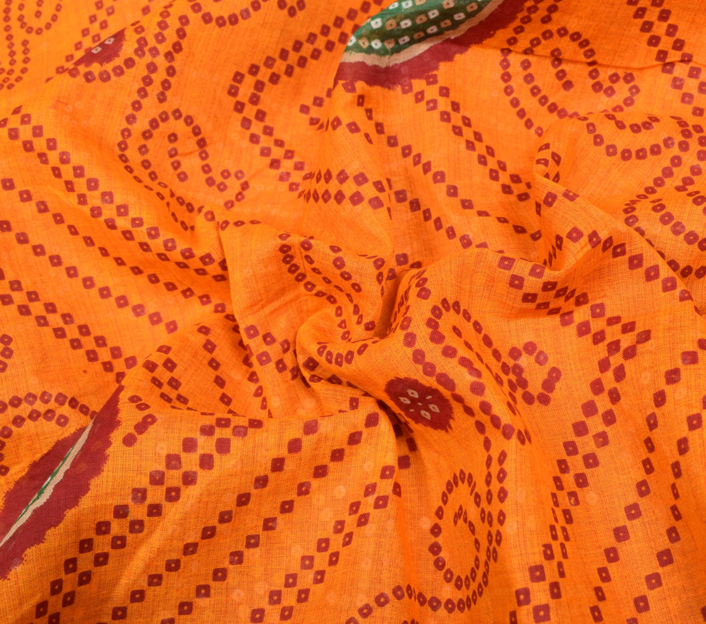 Sushila Vintage Orange Red Saree Pure Cotton Printed Bandhani Sari Craft Fabric