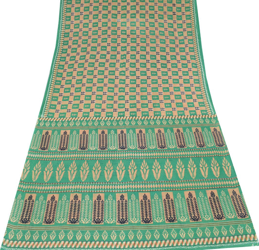 Sushila Vintage Aqua Green & Brown Saree Pure Cotton Printed Soft Craft Fabric