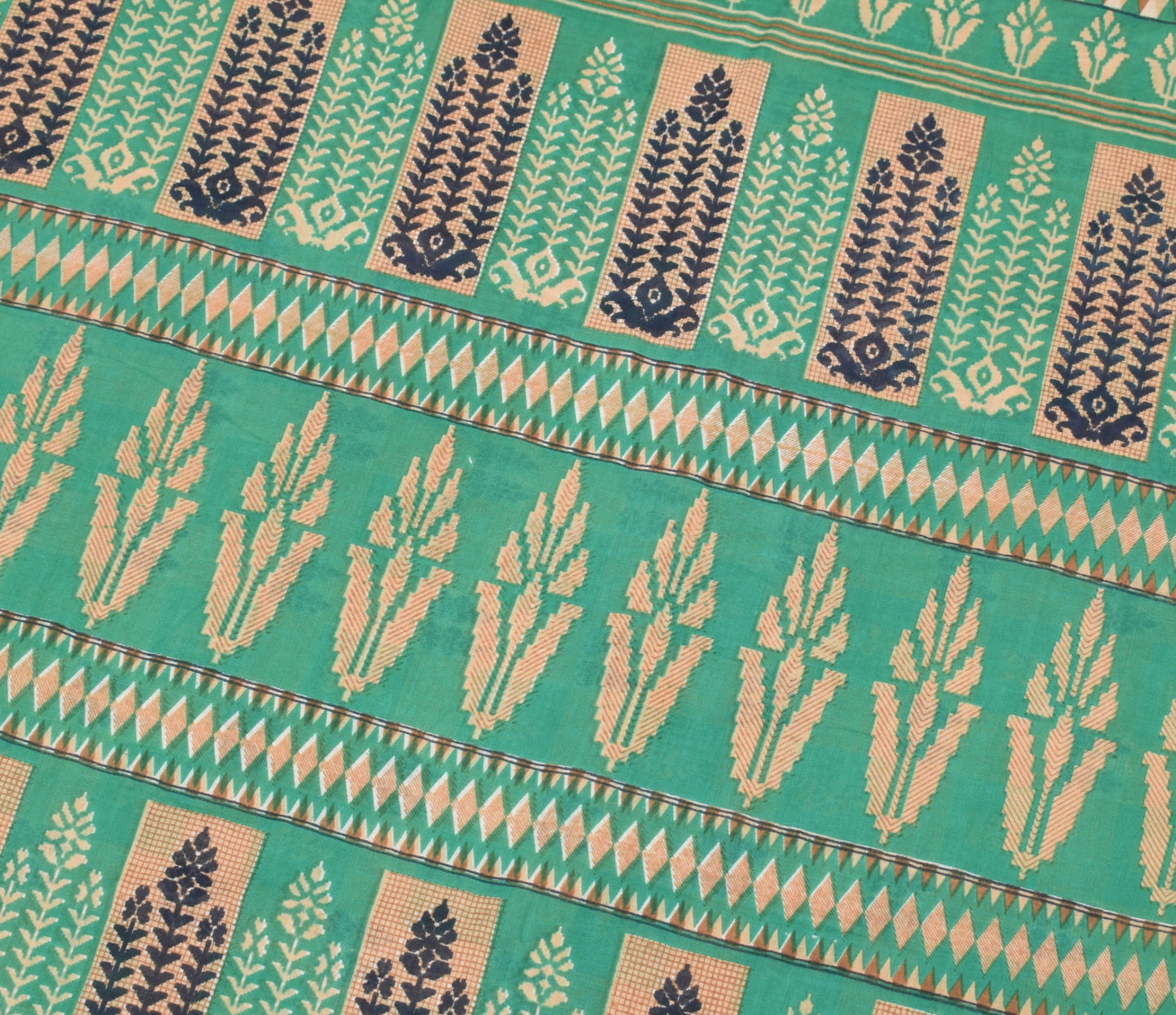 Sushila Vintage Aqua Green & Brown Saree Pure Cotton Printed Soft Craft Fabric