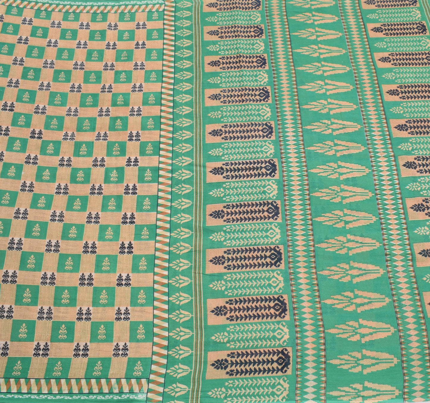Sushila Vintage Aqua Green & Brown Saree Pure Cotton Printed Soft Craft Fabric