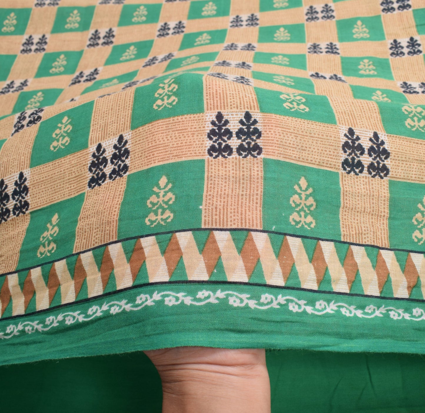Sushila Vintage Aqua Green & Brown Saree Pure Cotton Printed Soft Craft Fabric