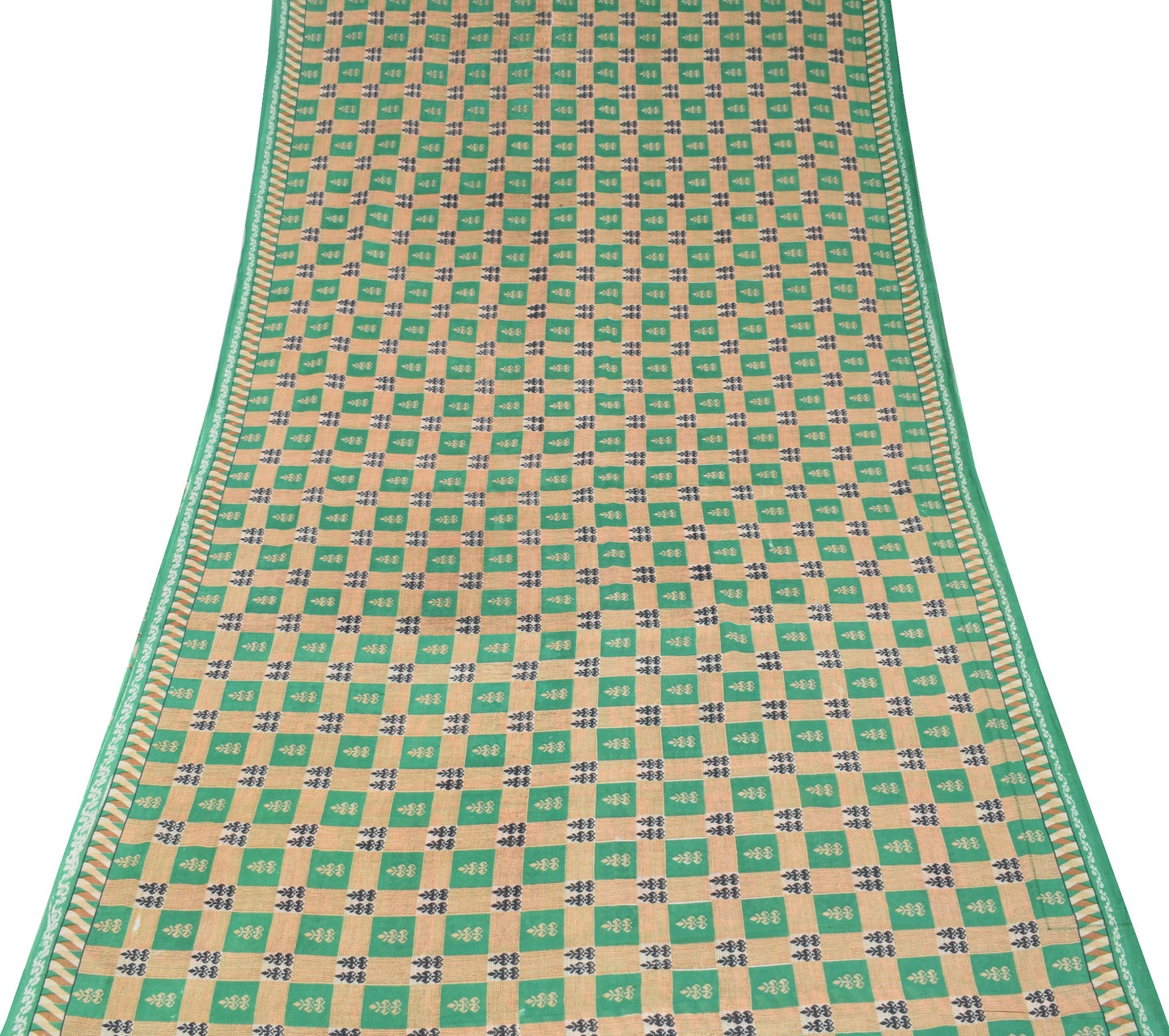 Sushila Vintage Aqua Green & Brown Saree Pure Cotton Printed Soft Craft Fabric