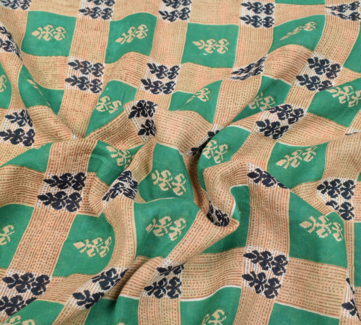 Sushila Vintage Aqua Green & Brown Saree Pure Cotton Printed Soft Craft Fabric