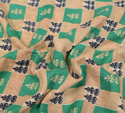 Sushila Vintage Aqua Green & Brown Saree Pure Cotton Printed Soft Craft Fabric