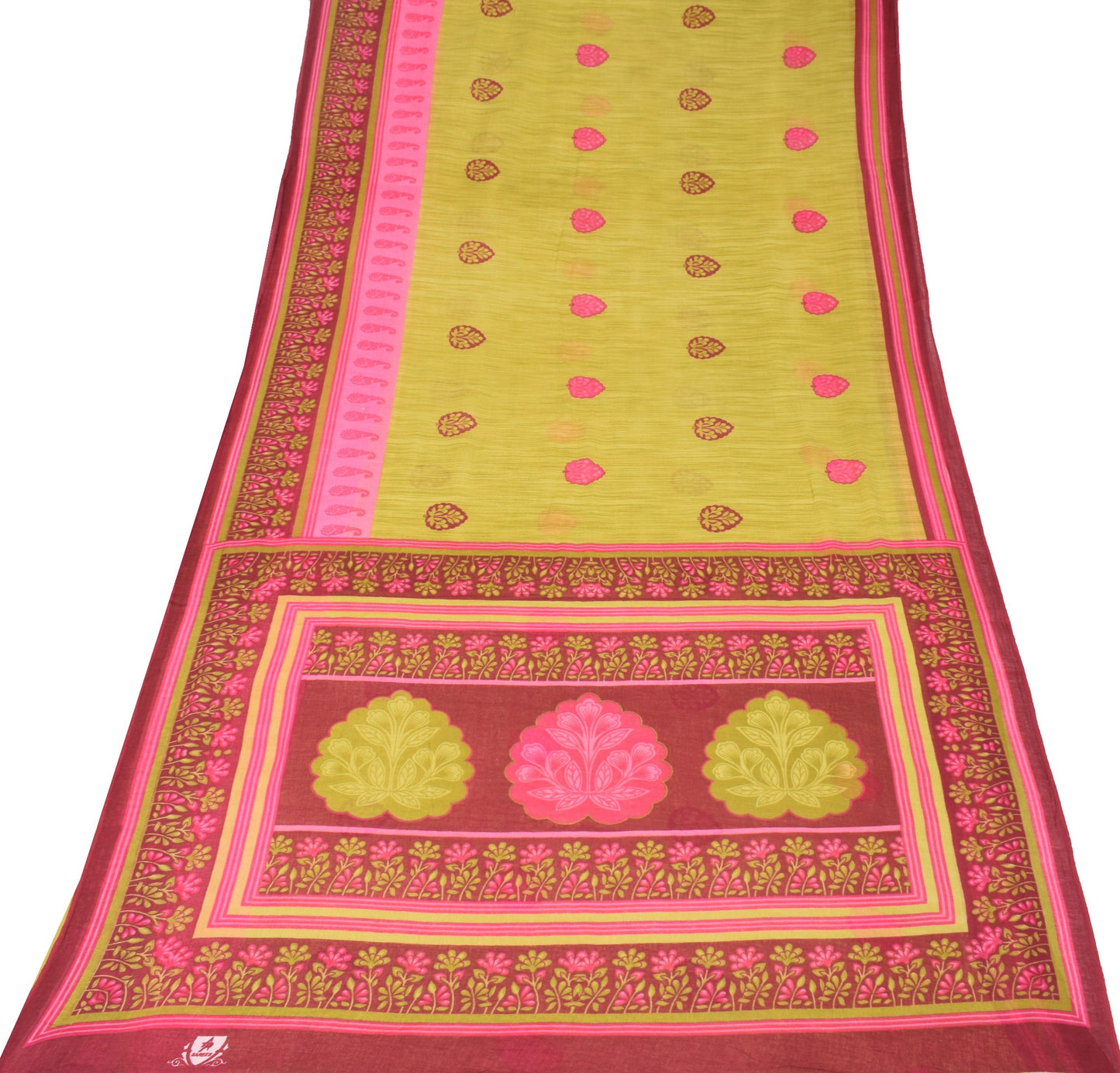Sushila Vintage Green Saree Floral 100% Pure Cotton Printed Soft Craft Fabric