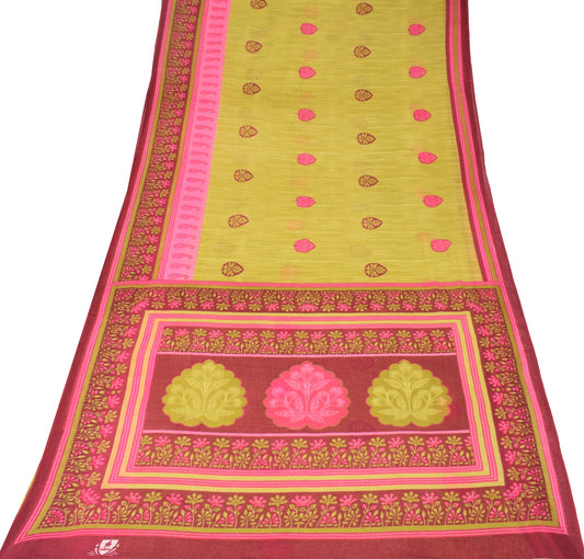 Sushila Vintage Green Saree Floral 100% Pure Cotton Printed Soft Craft Fabric