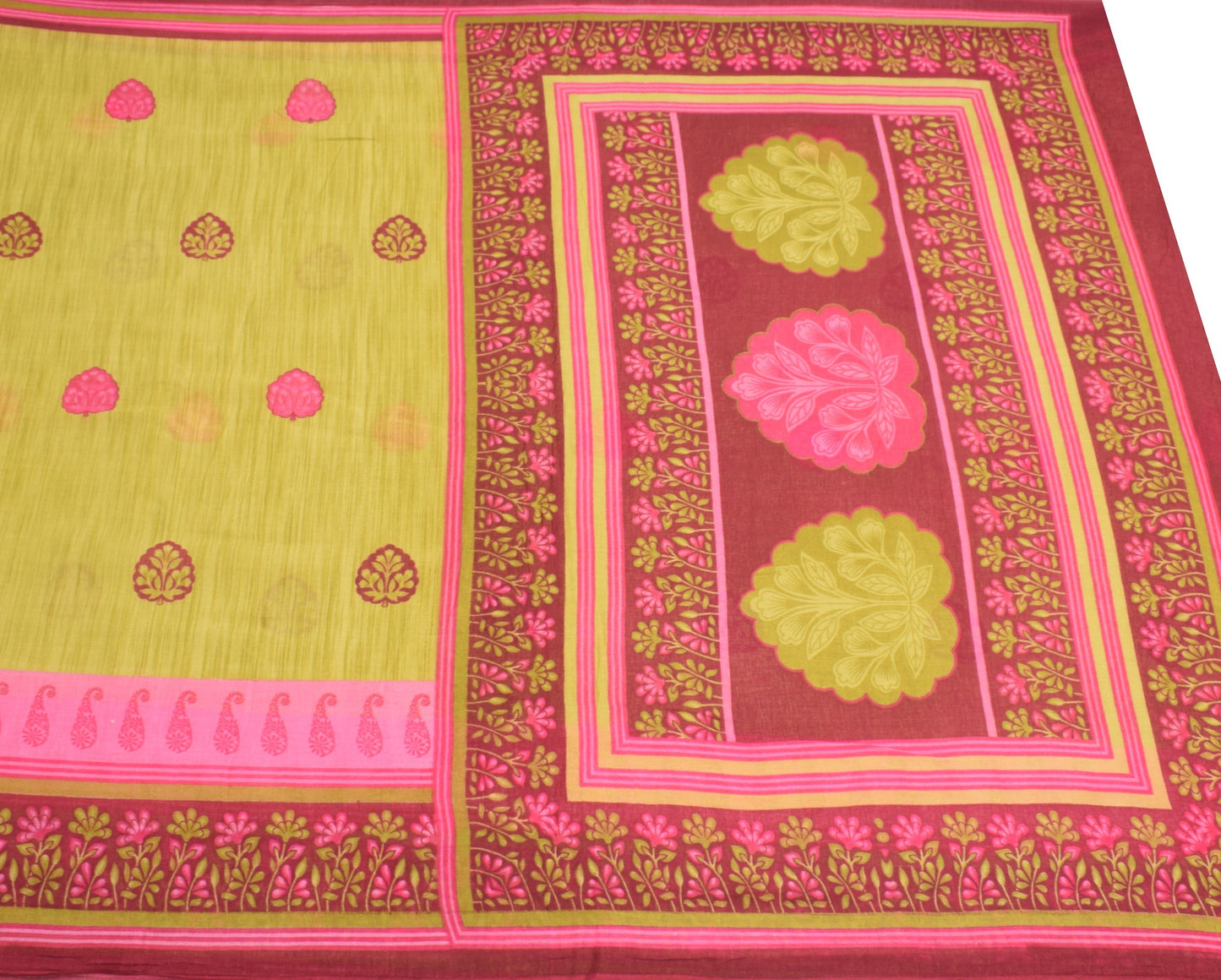 Sushila Vintage Green Saree Floral 100% Pure Cotton Printed Soft Craft Fabric