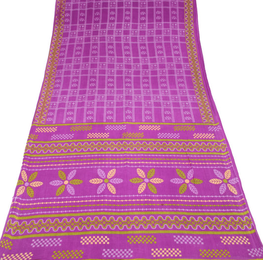 Sushila Vintage Purple Saree 100% Pure Cotton Printed Checks Soft Craft Fabric