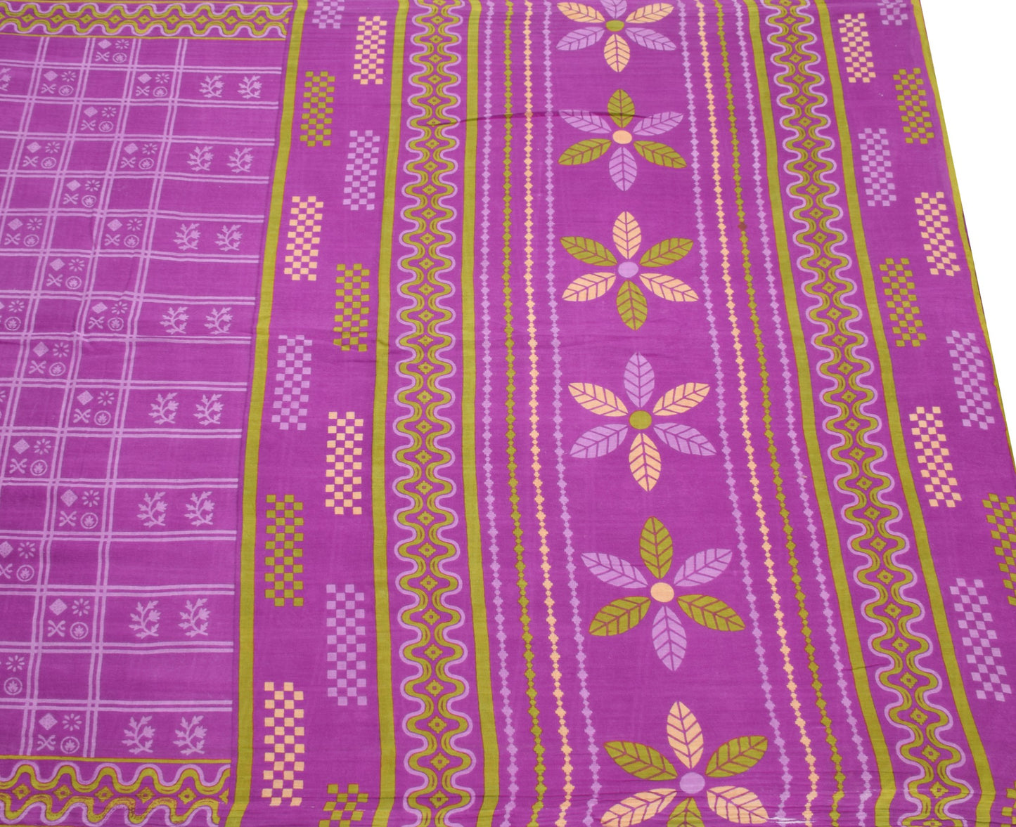 Sushila Vintage Purple Saree 100% Pure Cotton Printed Checks Soft Craft Fabric