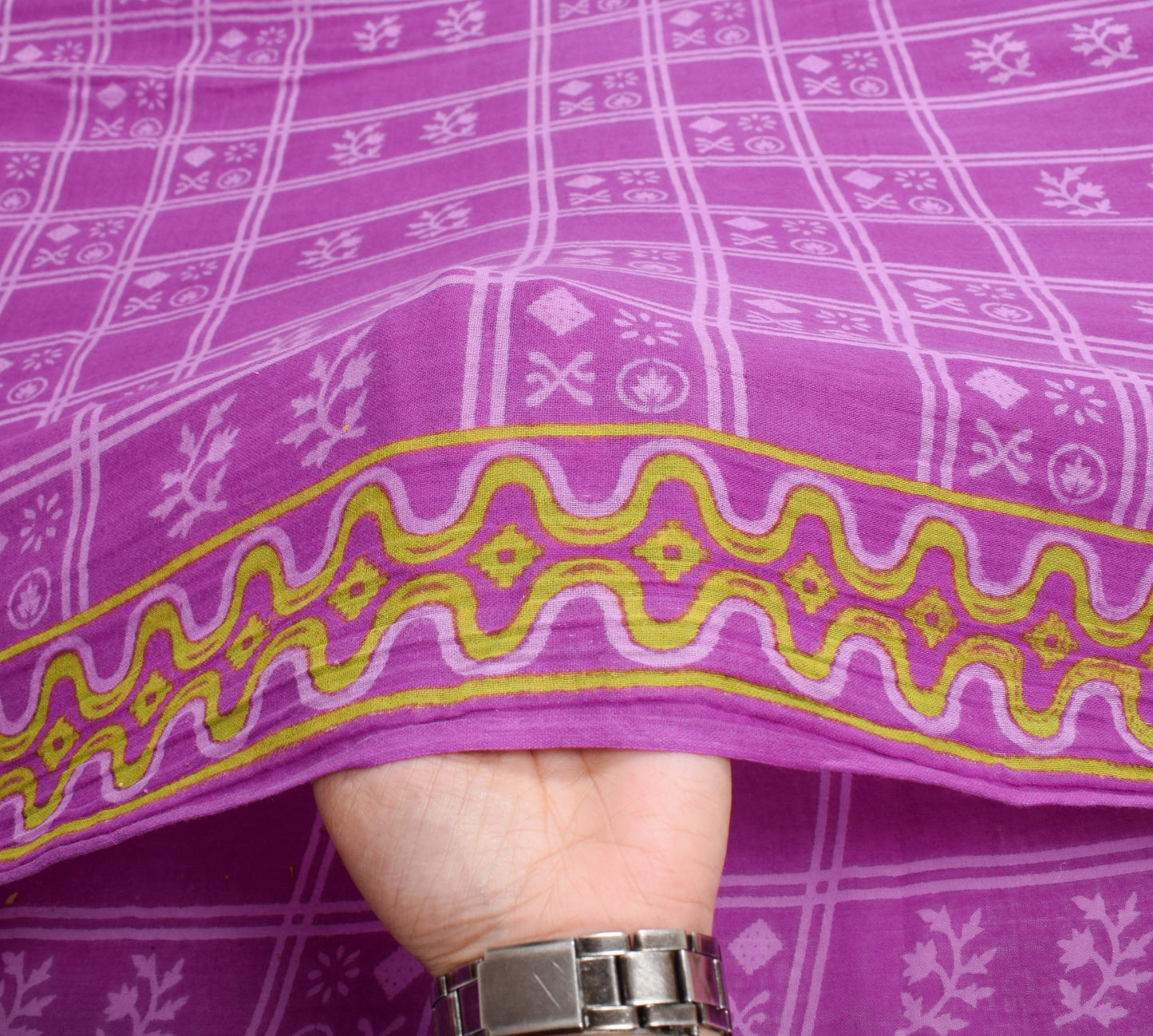 Sushila Vintage Purple Saree 100% Pure Cotton Printed Checks Soft Craft Fabric