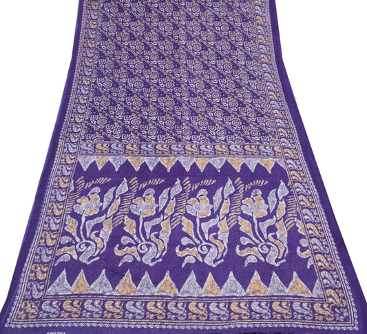 Sushila Vintage Blue Batik Printed Saree Pure Cotton Soft Geometric Craft Fabric