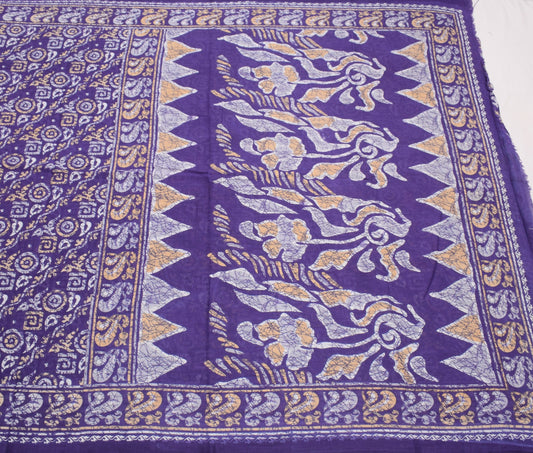 Sushila Vintage Blue Batik Printed Saree Pure Cotton Soft Geometric Craft Fabric