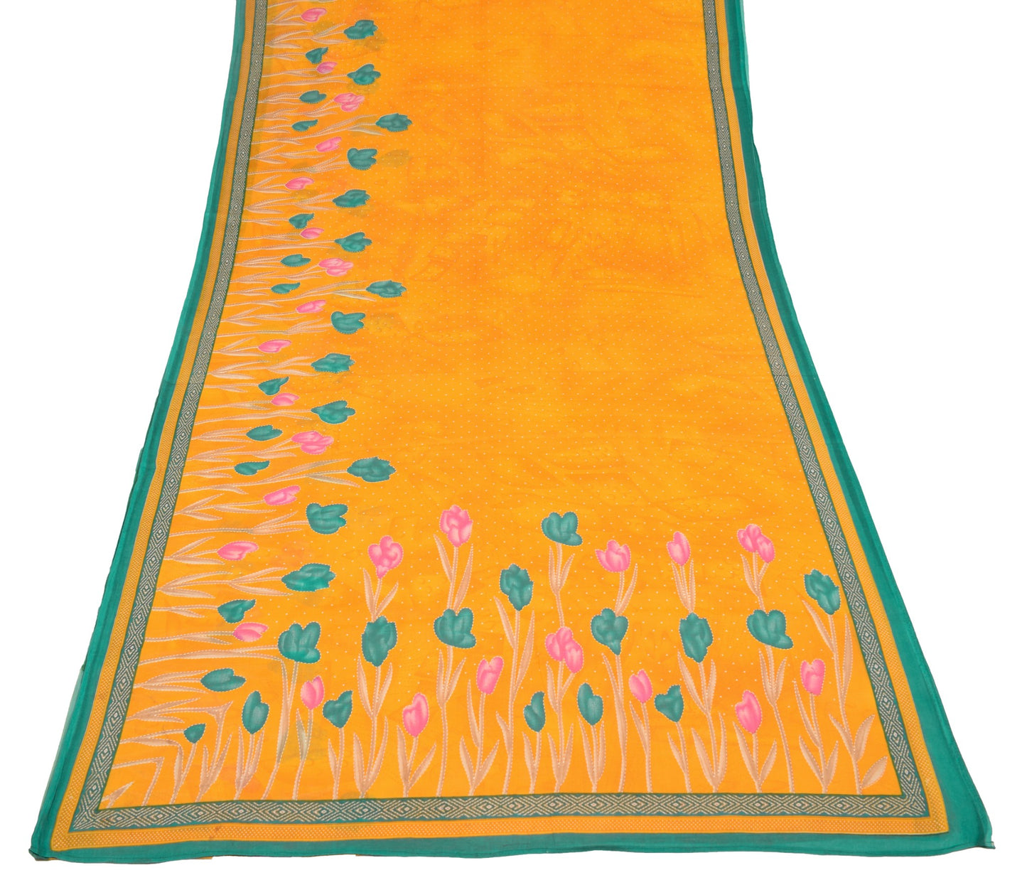 Sushila Vintage Saree 100% Pure Cotton Floral Printed Yellow Soft Craft Fabric