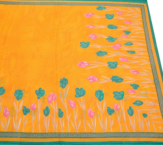 Sushila Vintage Saree 100% Pure Cotton Floral Printed Yellow Soft Craft Fabric