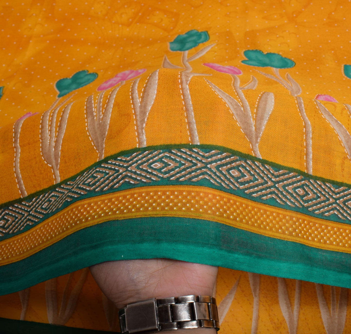Sushila Vintage Saree 100% Pure Cotton Floral Printed Yellow Soft Craft Fabric