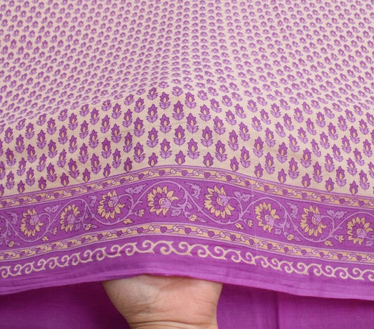 Sushila Vintage 100% Pure Cotton Saree Cream Floral Printed Soft Craft Fabric