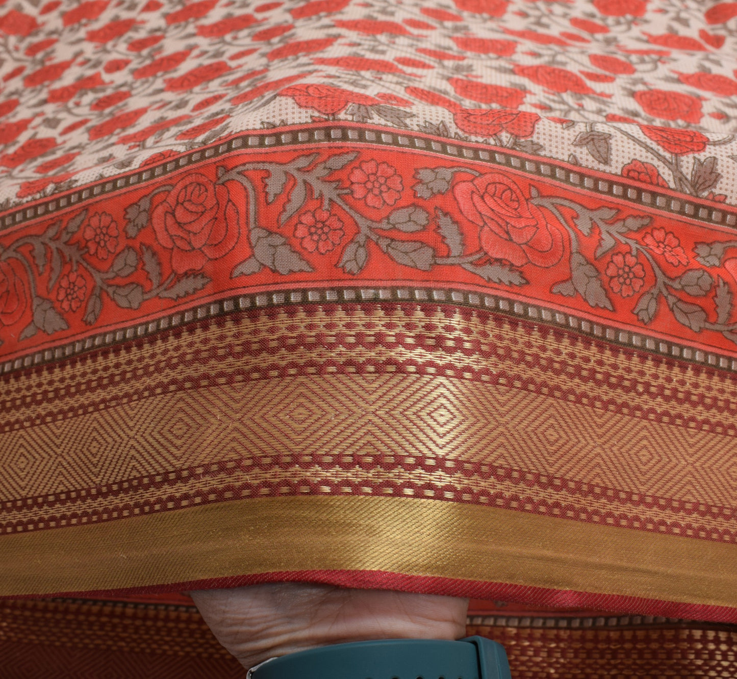 Sushila Vintage Floral Print Saree with Woven Border Pure Cotton Craft Fabric
