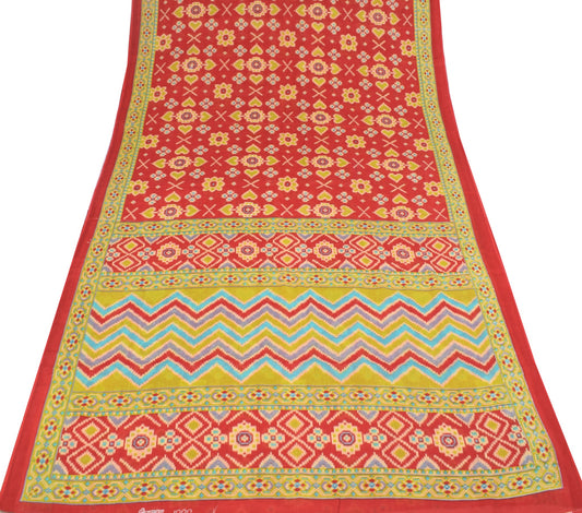 Sushila Vintage Red Saree 100% Pure Cotton Ikat Printed Daily Wear Soft Fabric