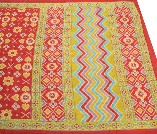 Sushila Vintage Red Saree 100% Pure Cotton Ikat Printed Daily Wear Soft Fabric