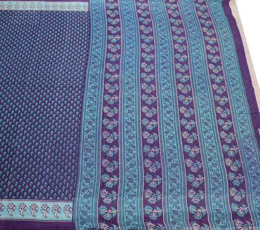 Sushila Vintage Purple Saree 100% Pure Cotton Floral Printed Indian Craft Fabric