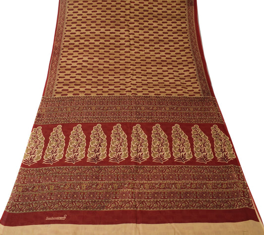Sushila Vintage Brown Maroon Saree Pure Cotton Printed Indian Sari Craft Fabric