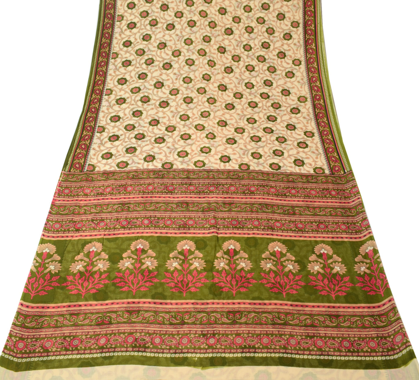 Sushila Vintage Saree Cream Floral 100% Pure Cotton Printed Soft Craft Fabric