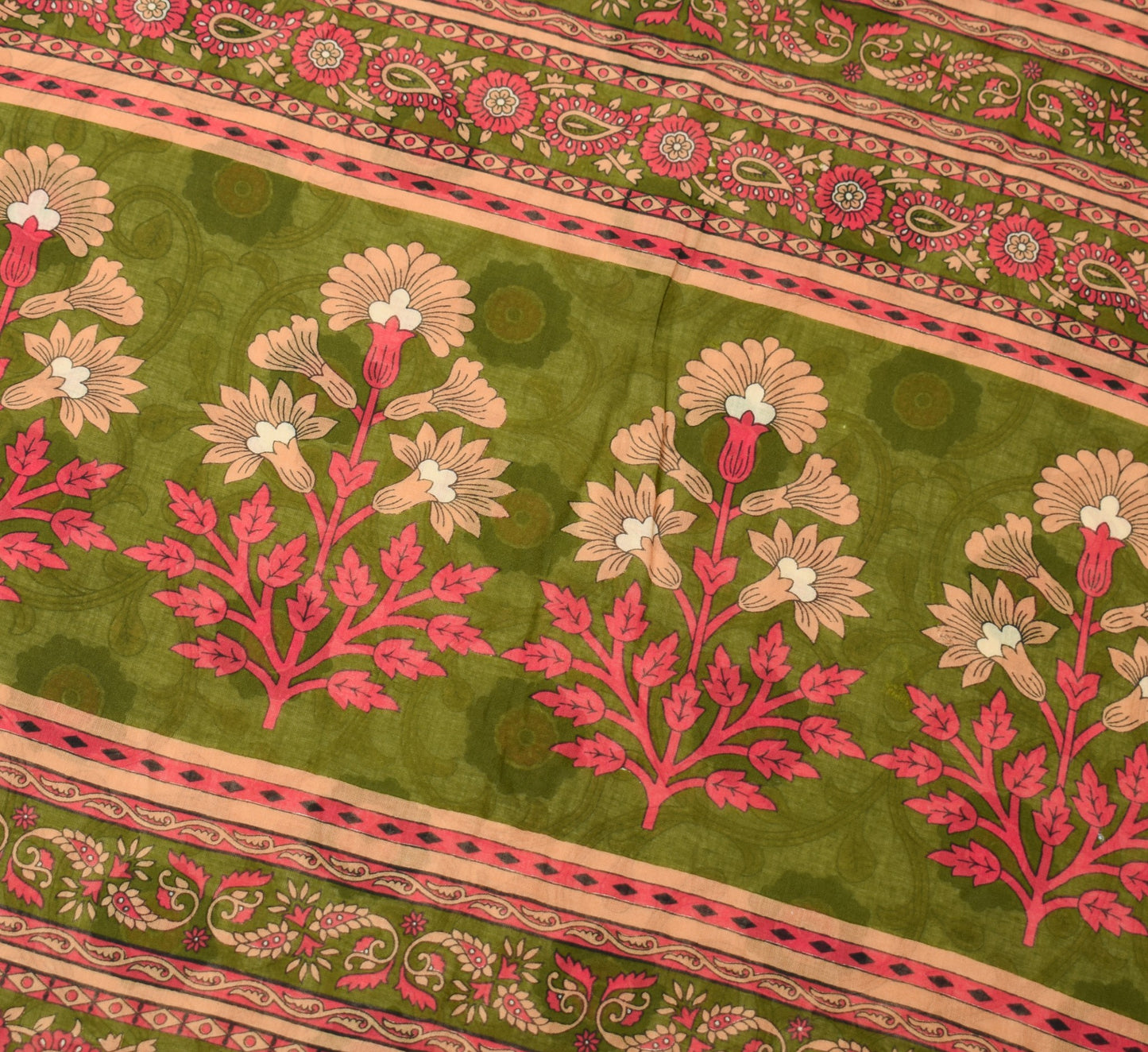 Sushila Vintage Saree Cream Floral 100% Pure Cotton Printed Soft Craft Fabric