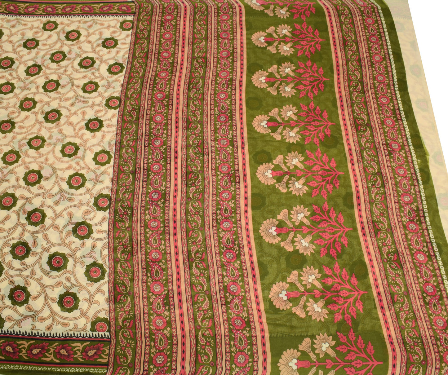 Sushila Vintage Saree Cream Floral 100% Pure Cotton Printed Soft Craft Fabric