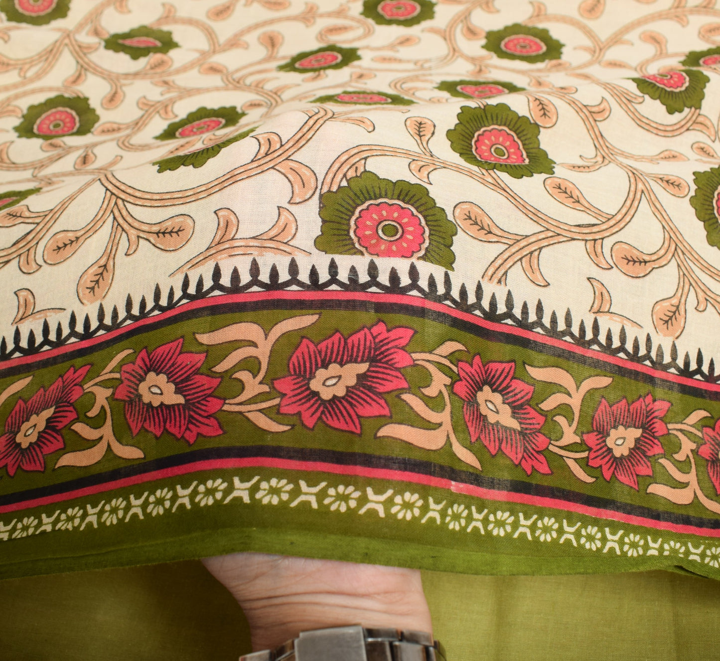 Sushila Vintage Saree Cream Floral 100% Pure Cotton Printed Soft Craft Fabric