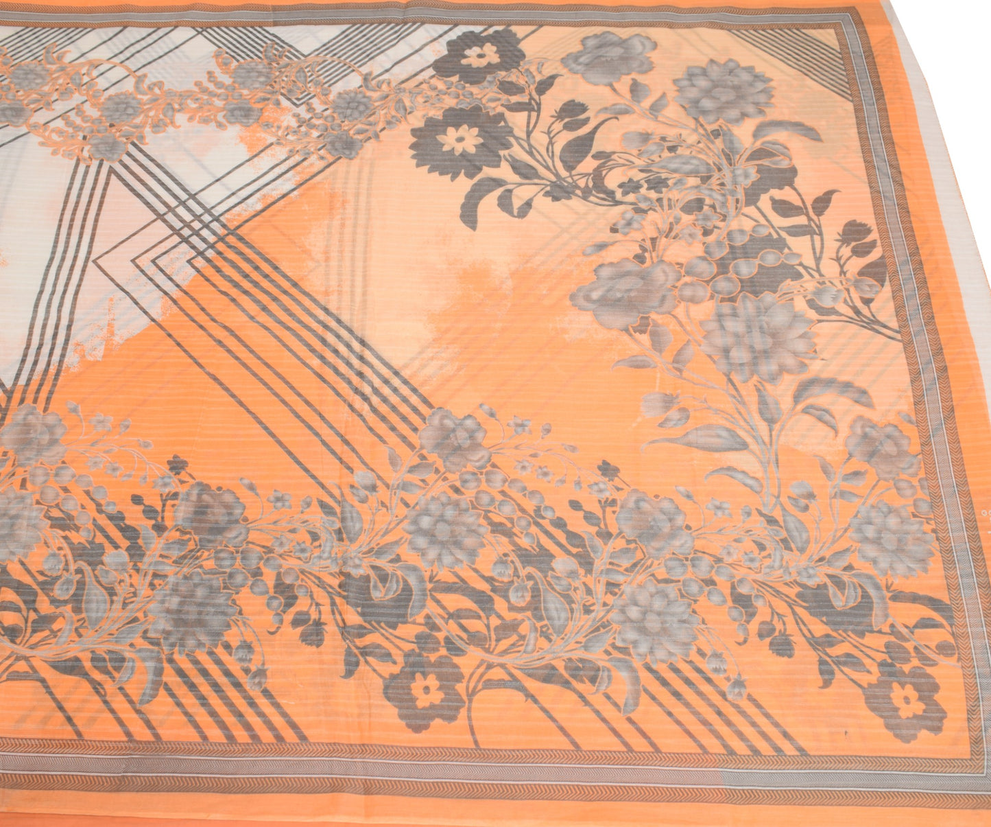 Sushila Vintage Orange Saree 100% Pure Cotton Printed Soft Craft Floral Fabric