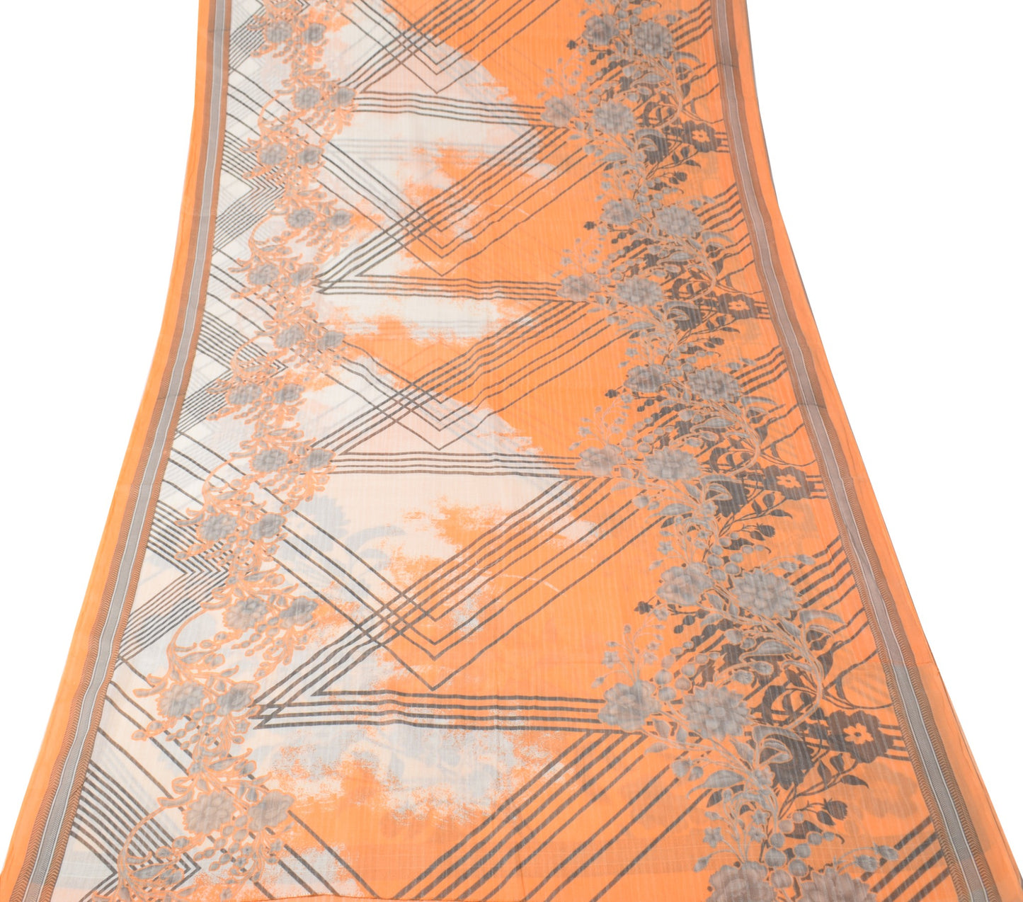 Sushila Vintage Orange Saree 100% Pure Cotton Printed Soft Craft Floral Fabric