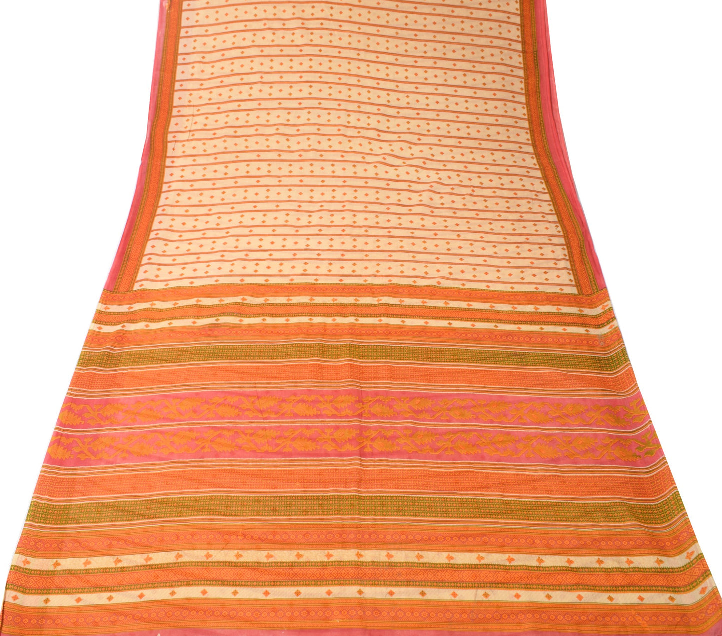 Sushila Vintage Cream 100% Pure Cotton Saree Geometric Printed Soft Craft Fabric