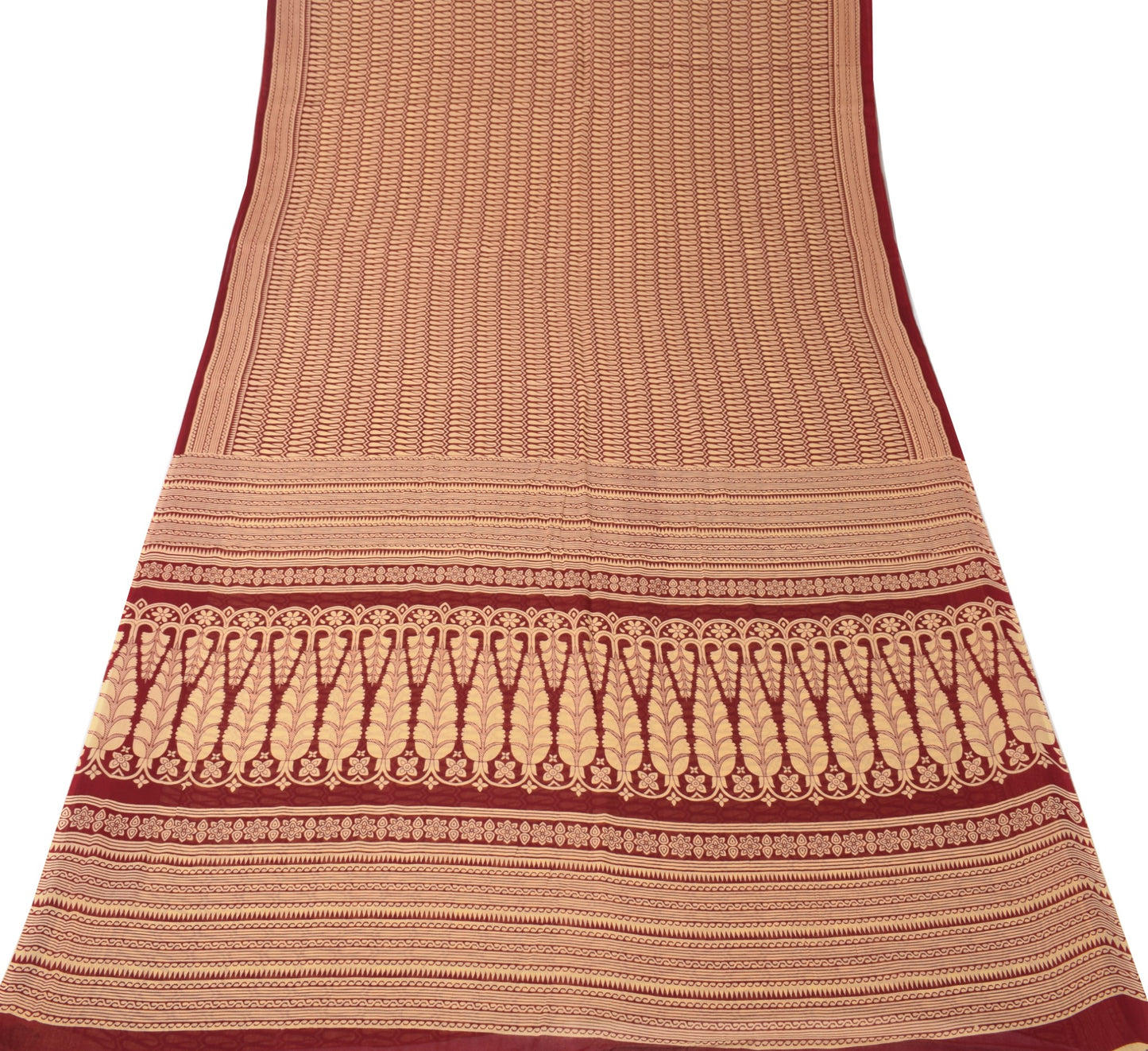 Sushila Vintage Maroon Beige Saree Pure Cotton Printed Paisley Soft Craft Fabric
