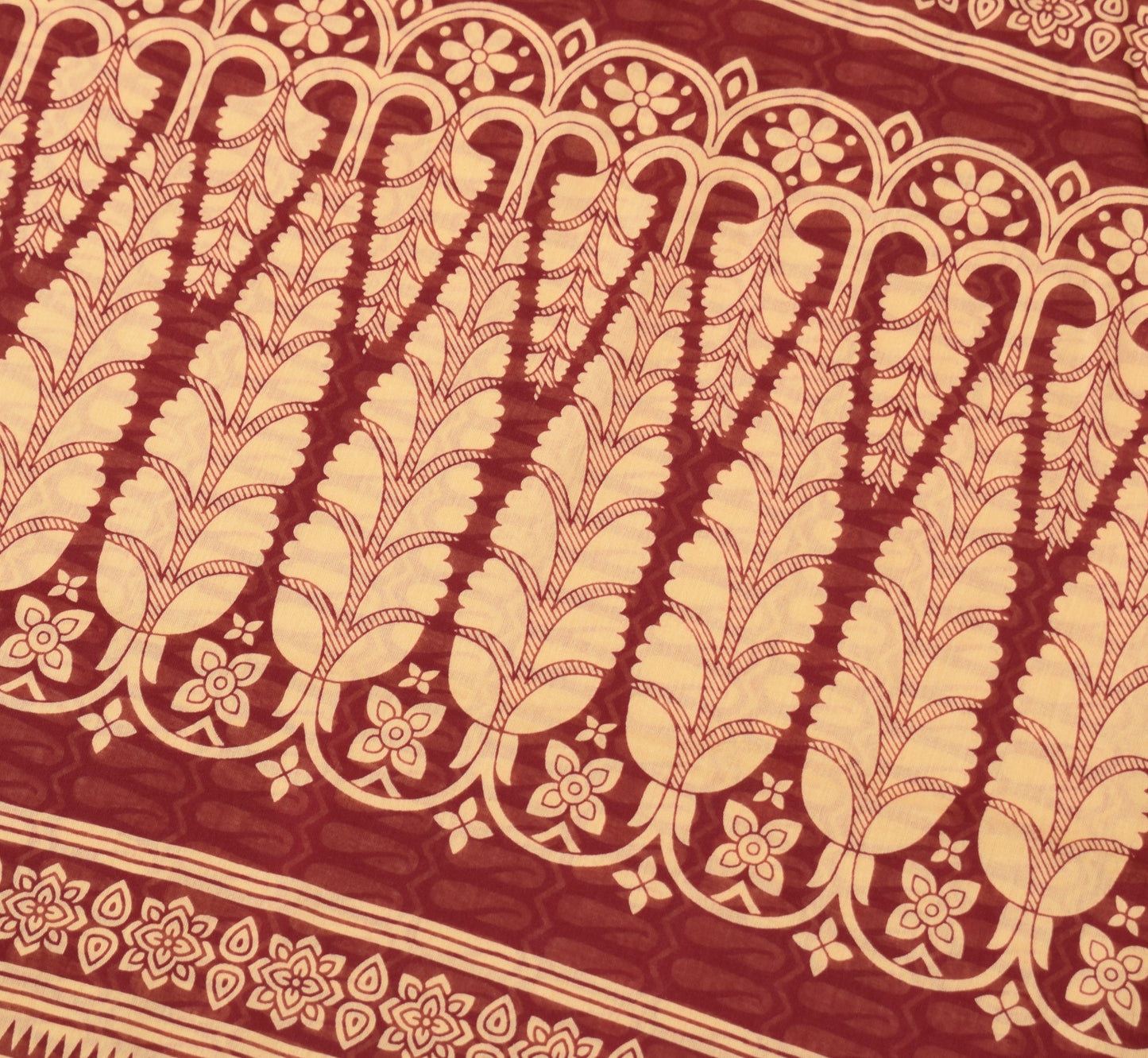 Sushila Vintage Maroon Beige Saree Pure Cotton Printed Paisley Soft Craft Fabric