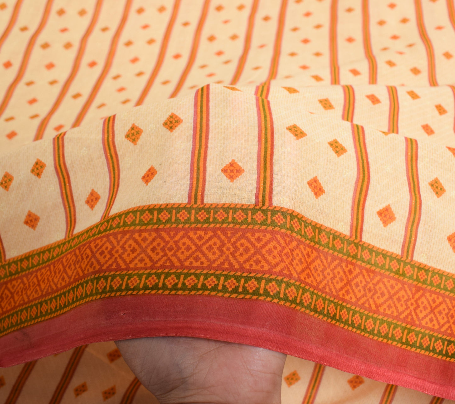 Sushila Vintage Cream 100% Pure Cotton Saree Geometric Printed Soft Craft Fabric