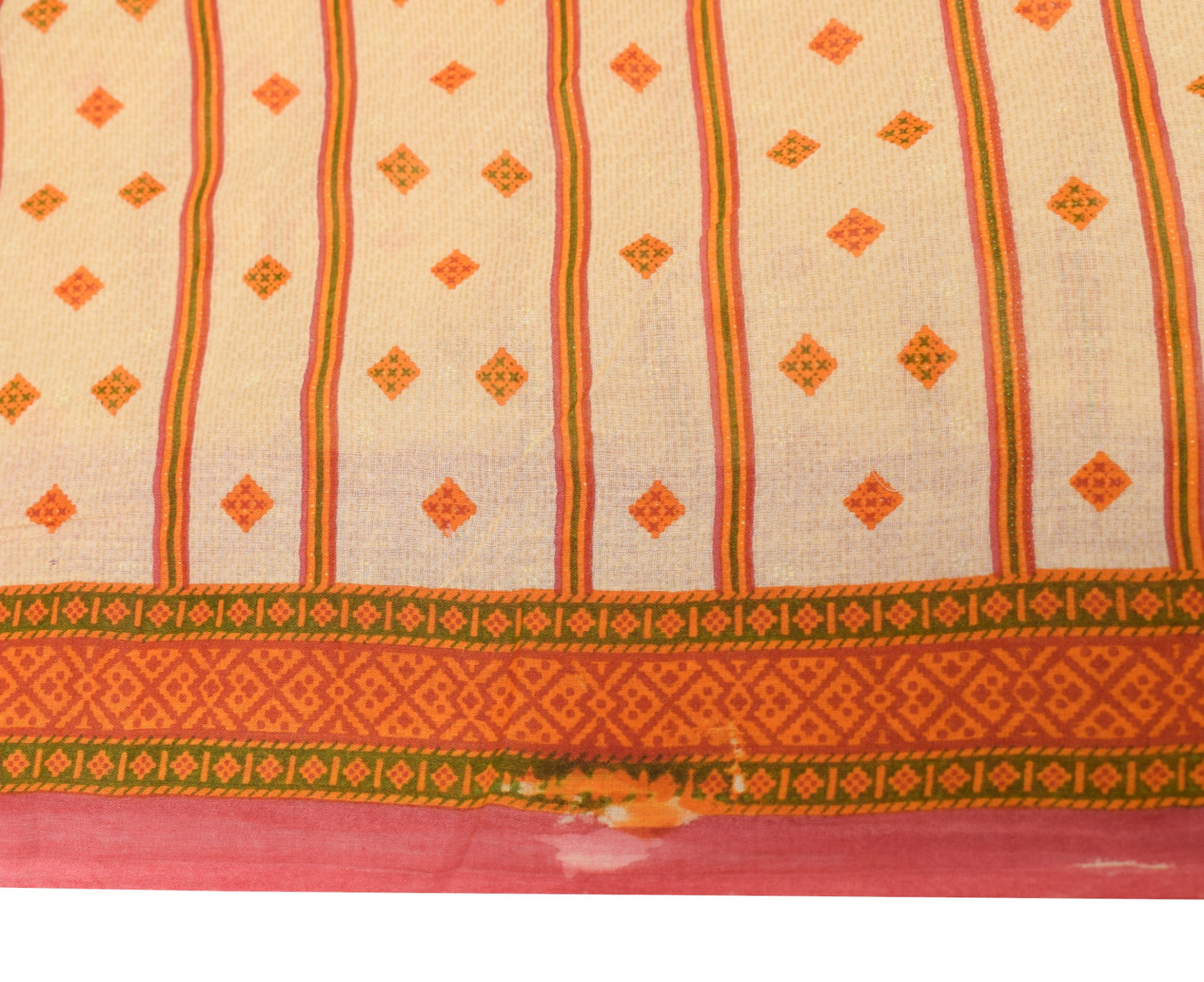 Sushila Vintage Cream 100% Pure Cotton Saree Geometric Printed Soft Craft Fabric
