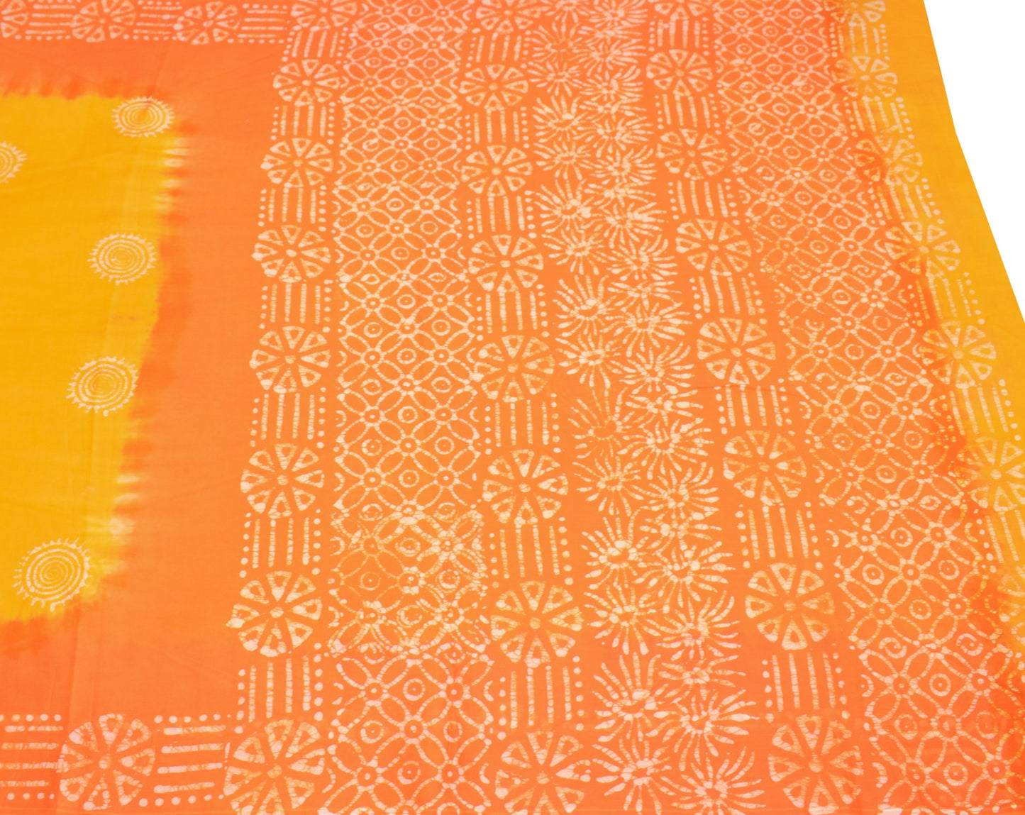 Sushila Vintage Yellow Orange Saree 100% Pure Cotton Printed Batik Soft Fabric