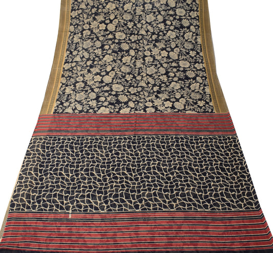 Sushila Vintage 5 Yard Saree Pure Cotton Black Floral Printed Soft Craft Fabric