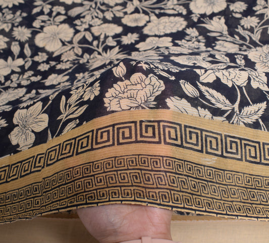 Sushila Vintage 5 Yard Saree Pure Cotton Black Floral Printed Soft Craft Fabric