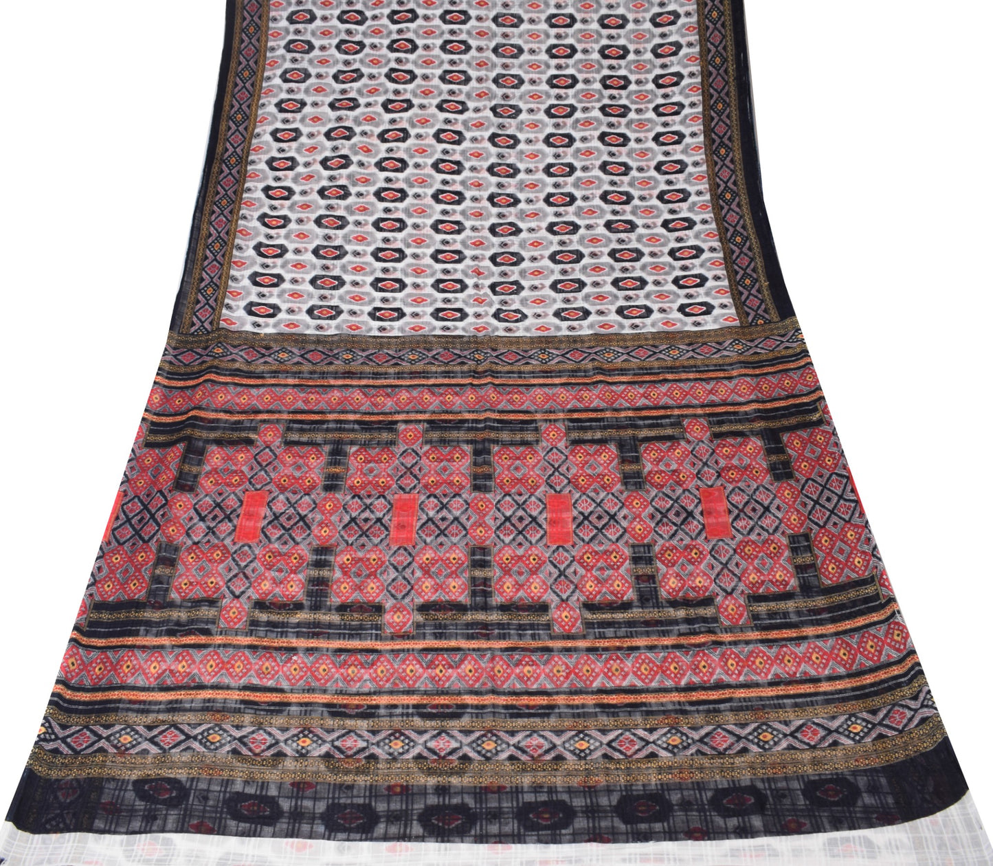 Sushila Vintage White Ikat Print Saree 100% Pure Cotton Soft Indian Craft Fabric