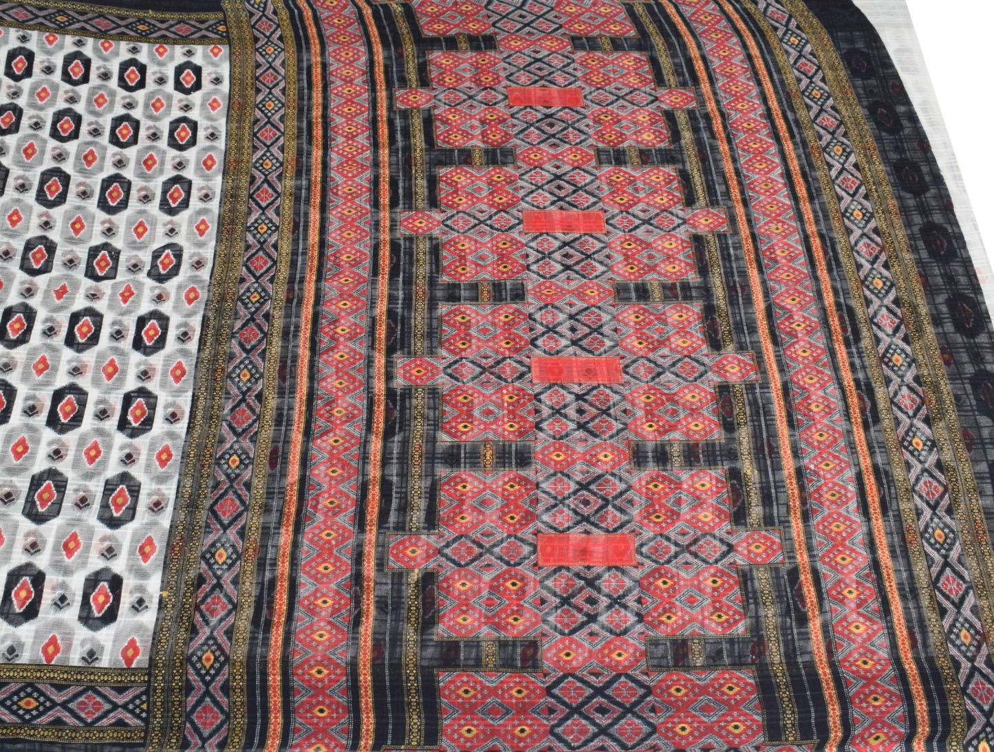 Sushila Vintage White Ikat Print Saree 100% Pure Cotton Soft Indian Craft Fabric