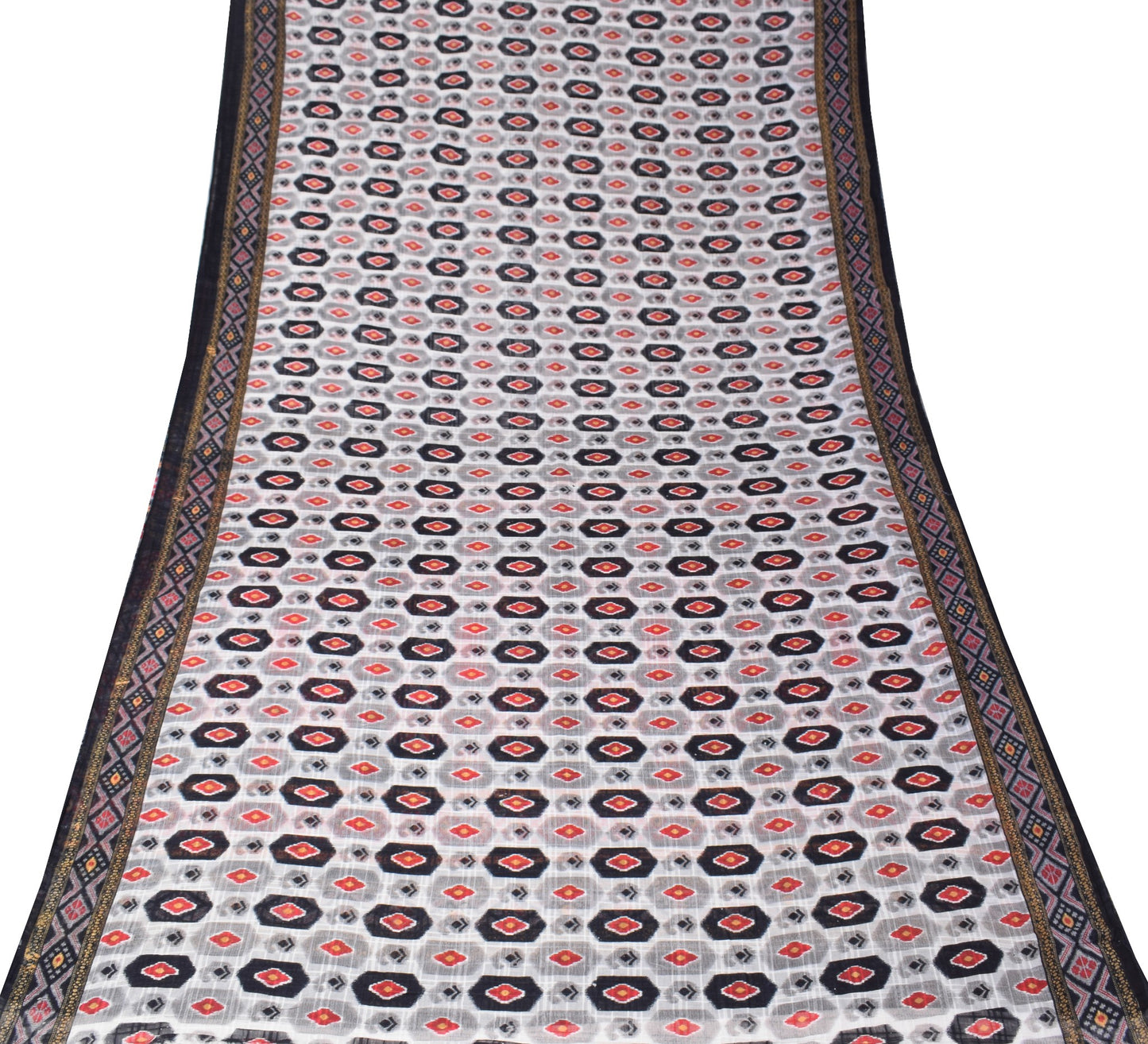 Sushila Vintage White Ikat Print Saree 100% Pure Cotton Soft Indian Craft Fabric