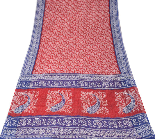 Sushila Vintage Red Blue Saree 100%Pure Cotton Printed Paisley Soft Craft Fabric