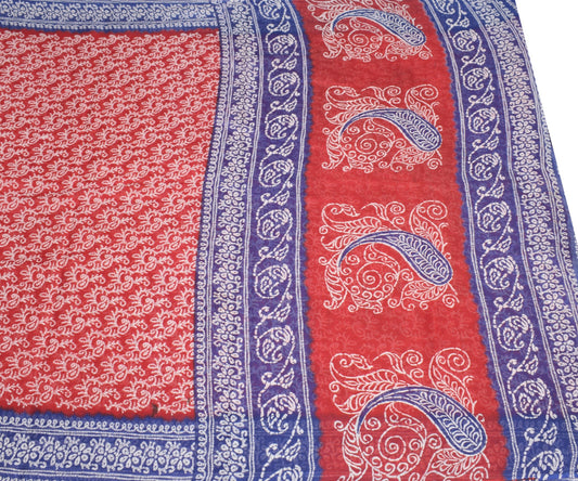 Sushila Vintage Red Blue Saree 100%Pure Cotton Printed Paisley Soft Craft Fabric