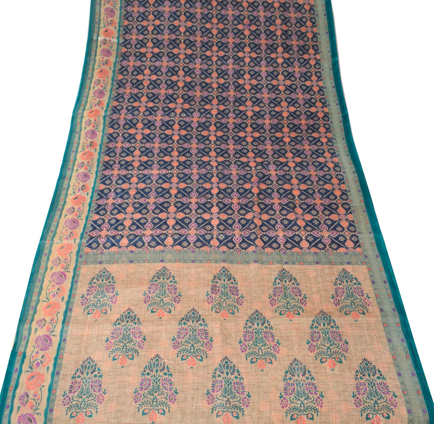 Sushila Vintage Dark Blue Saree 100% Pure Cotton Printed Geometric Craft Fabric