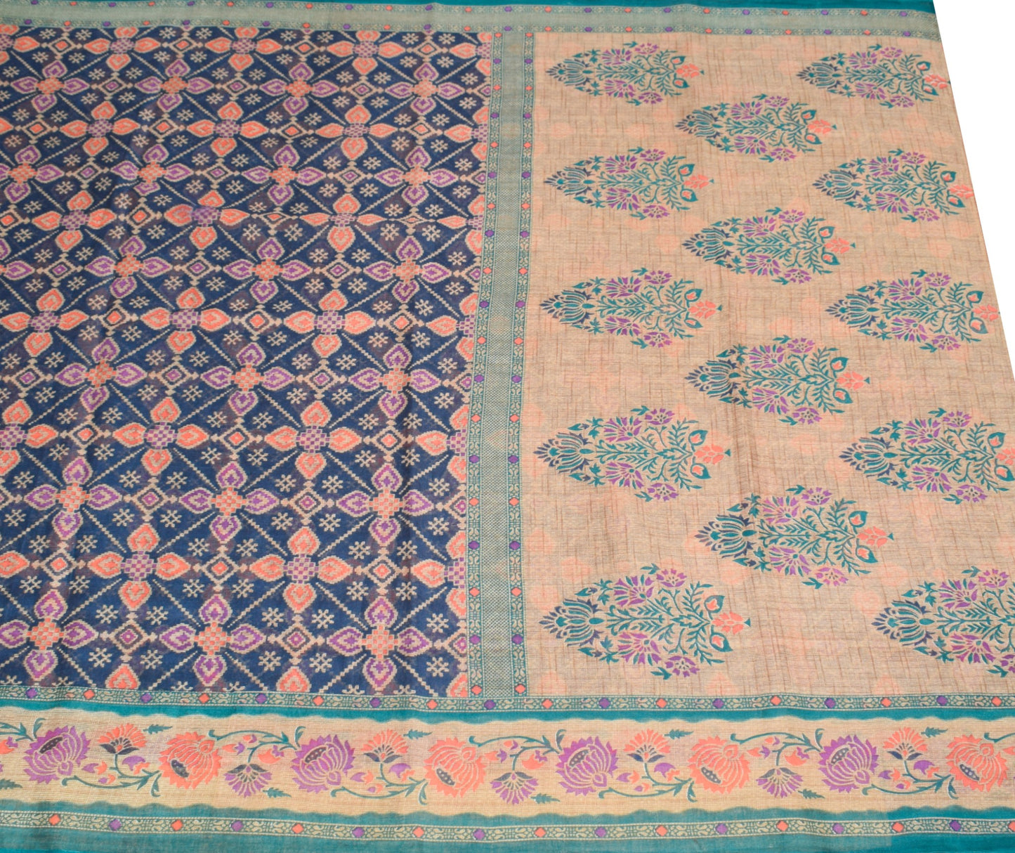 Sushila Vintage Dark Blue Saree 100% Pure Cotton Printed Geometric Craft Fabric