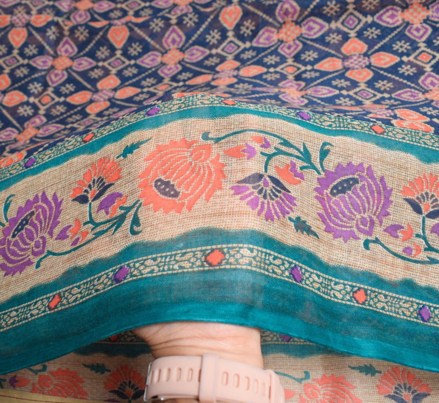 Sushila Vintage Dark Blue Saree 100% Pure Cotton Printed Geometric Craft Fabric