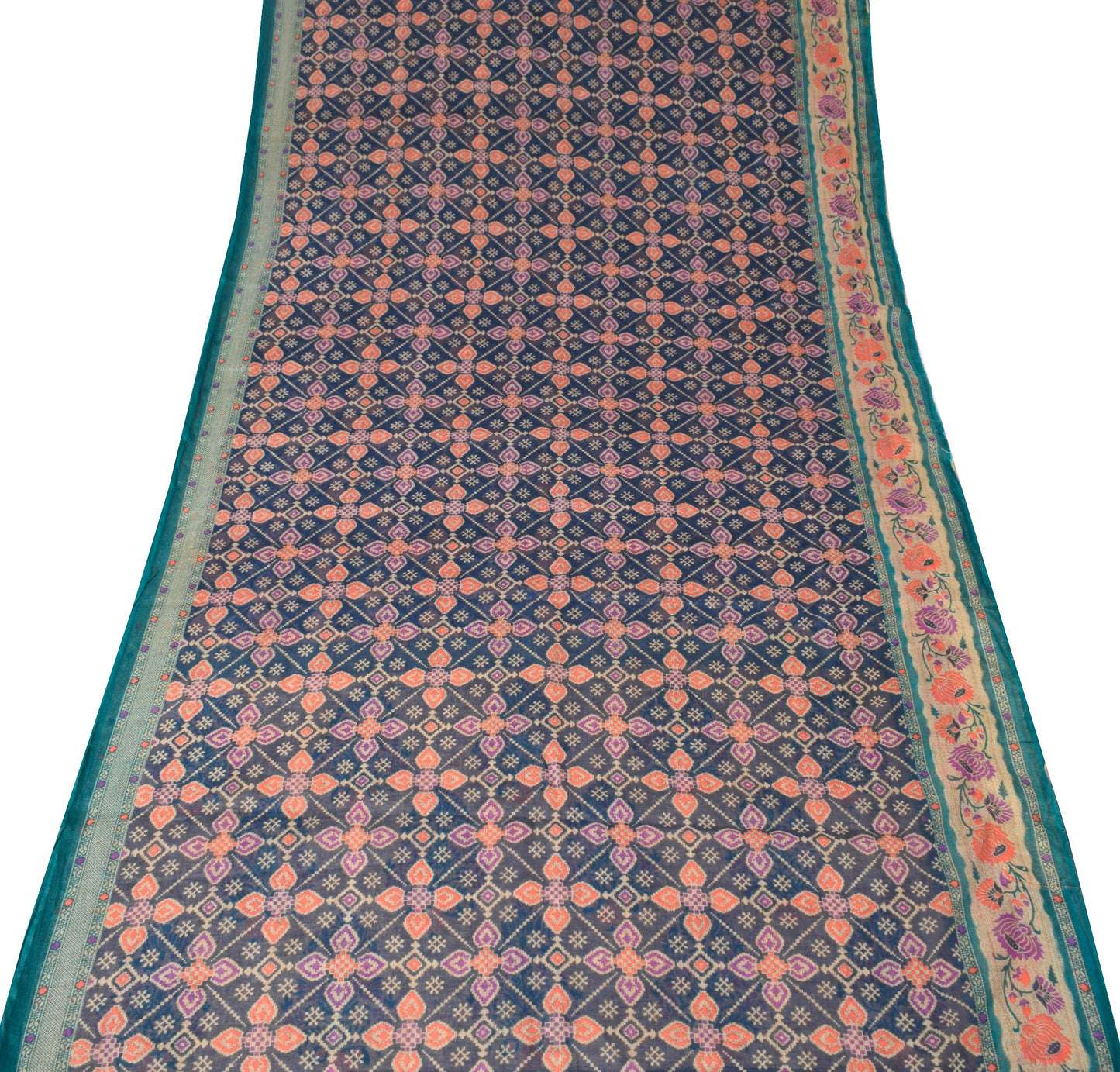 Sushila Vintage Dark Blue Saree 100% Pure Cotton Printed Geometric Craft Fabric