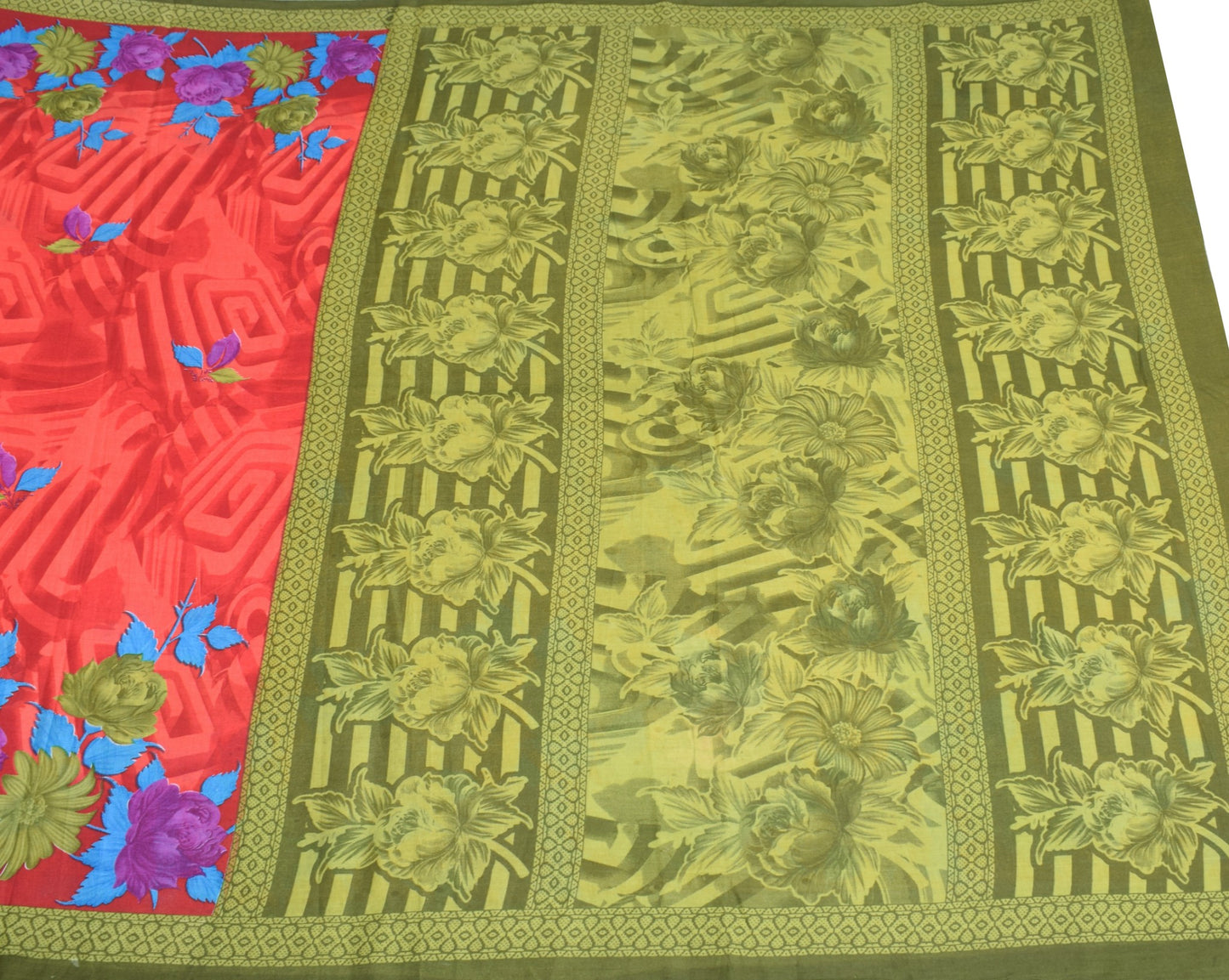 Sushila Vintage Floral Red Saree 100% Pure Cotton Printed Soft Craft Fabric